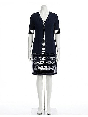 Joseph Ribkoff Striped Short Sleeve V Neck Dress in Midnight Blue/Vanilla (view 1)