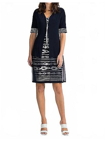 Joseph Ribkoff Striped Short Sleeve V Neck Dress in Midnight Blue/Vanilla (view 2)