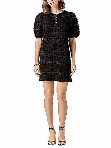 English Factory Short Puff Sleeve Smocked Mini Dress in Black (view 2)