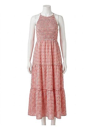 THML Picnic Promises Gingham Eyelet Cotton Midi Dress in Red White (view 1)