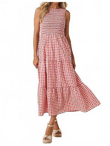 THML Picnic Promises Gingham Eyelet Cotton Midi Dress in Red White (view 2)
