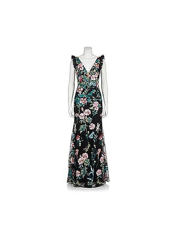 Mac Duggal Embroidered Floral Plunge-Neck Trumpet Gown in Black (view 1)