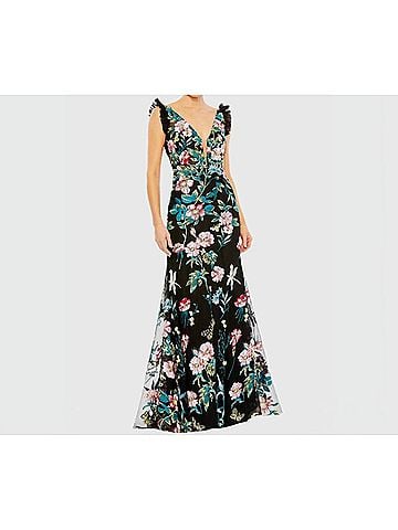 Mac Duggal Embroidered Floral Plunge-Neck Trumpet Gown in Black (view 2)