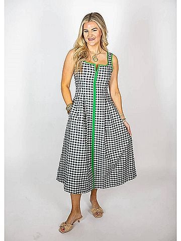 Entro Gingham Sleeveless Midi Dress in Black/Green (view 2)