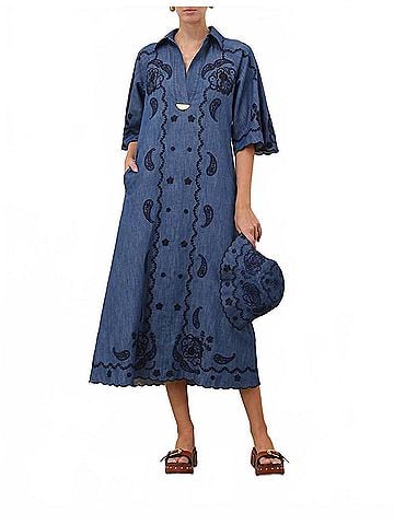 Zimmermann Aster Embroidered Denim Midi Dress in Railway Blue (view 2)