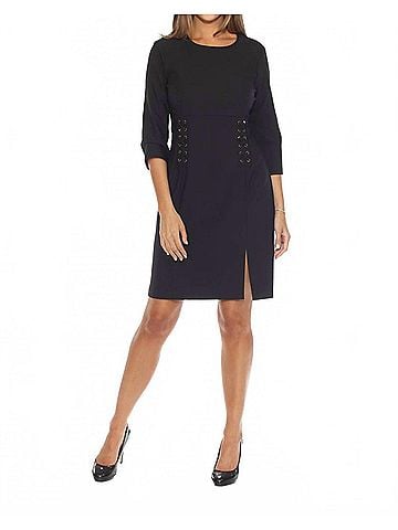 Joseph Ribkoff Lace-Up Three Quarter Sleeves A-Line Dress in Black (view 2)