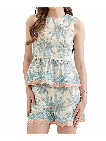 Entro Captiva Embroidered Top And Short Set in Coral &amp; Teal (view 2)