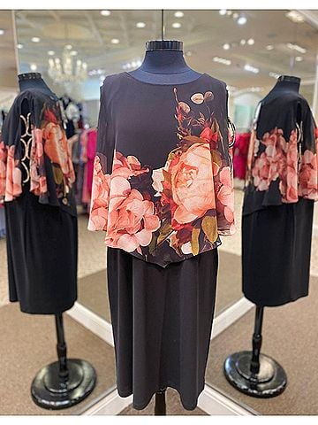 Frank Lyman Design Women's Floral Cape Dress in Black/Coral (view 2)