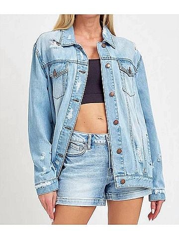Risen Loose Fit 90's Distressed Jacket in Light Wash (view 2)