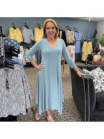 Sympli Splice Three-Quarter Sleeves V-Neck Dress in Stone Blue (view 2)