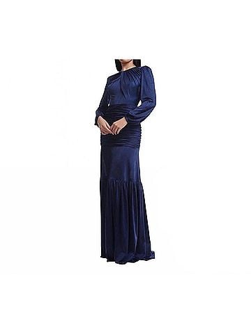 Dress the Population Women's Lucille Pleated Ruched Long Sleeve Gown in Midnight Blue (view 2)