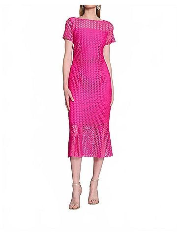 Joseph Ribkoff Guipure Lace Flounce Dress in Shocking Pink (view 2)