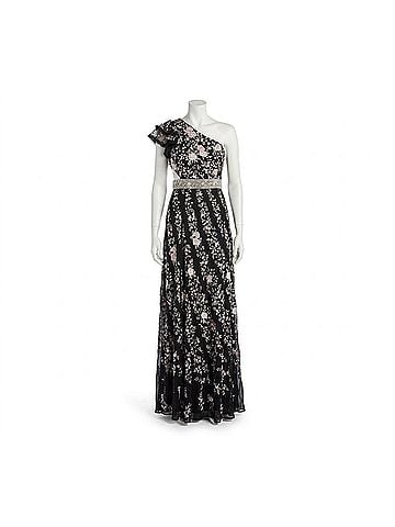Mac Duggal Women's Embroidered Ruffled One Shoulder Lace Up Gown in Black (view 1)