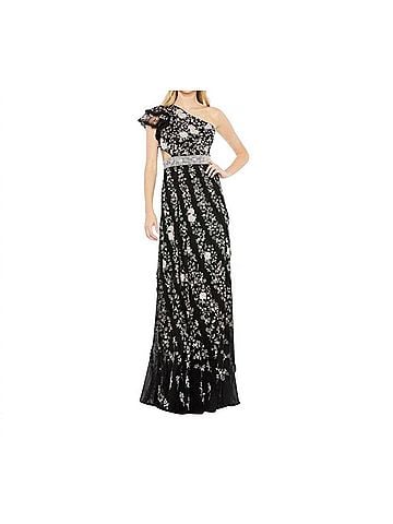 Mac Duggal Women's Embroidered Ruffled One Shoulder Lace Up Gown in Black (view 2)