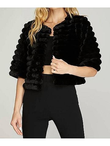 She + Sky Faux Fur Crop Jacket in Black (view 2)