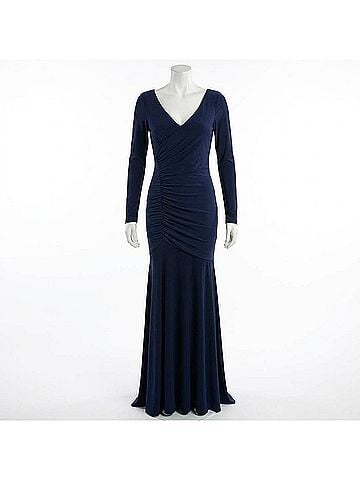 La Femme Women's Ruched Jersey Long Sleeve Gown Dress in Navy (view 1)