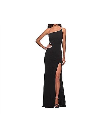 La Femme Women's One Shoulder Jersey Gown in Black (view 2)