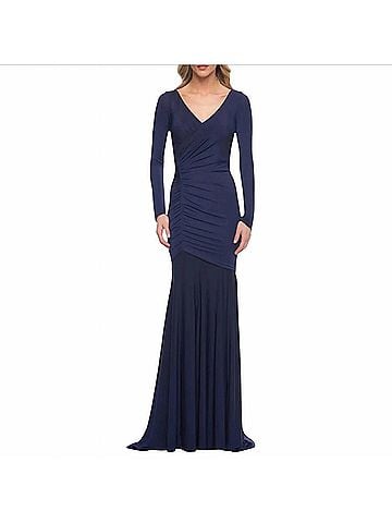 La Femme Women's Ruched Jersey Long Sleeve Gown Dress in Navy (view 2)