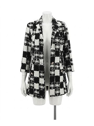 Joseph Ribkoff Jayden Jacquard Sweater Plaid Print A-Line Jacket in Black And Cream (view 1)