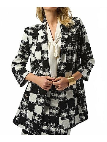 Joseph Ribkoff Jayden Jacquard Sweater Plaid Print A-Line Jacket in Black And Cream (view 2)