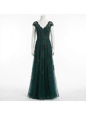 La Femme Women's Short Sleeve Lace Gown in Dark Emerald (view 1)