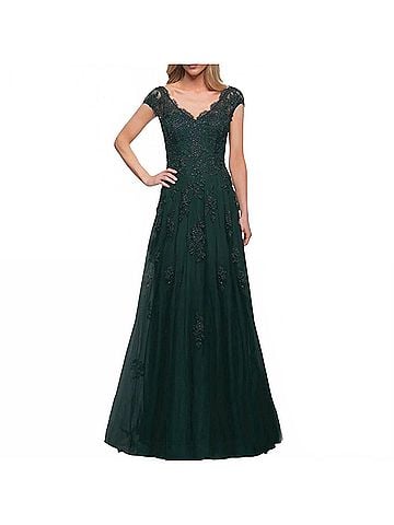 La Femme Women's Short Sleeve Lace Gown in Dark Emerald (view 2)
