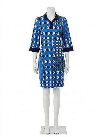 Joseph Ribkoff Silky Knit Dot Print Shirt Dress With Contrast Collar And Cuffs in Blue/Vanilla (view 1)