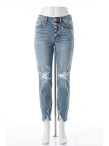 Judy Blue High Waisted Distressed Boyfriend Fit Jeans in Medium Blue (view 1)