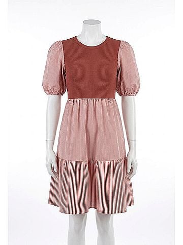 She + Sky Ribbed And Striped Mini Dress in Red Bean (view 1)