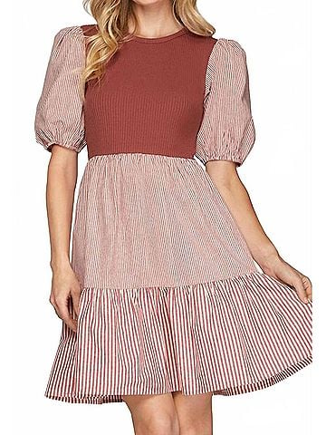 She + Sky Ribbed And Striped Mini Dress in Red Bean (view 2)