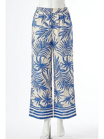Umgee Tropical Cropped Pants in Off White/ Cobalt (view 1)
