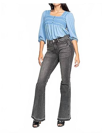 Judy Blue Mid Rise Tummy Control Release Hem Flare Jeans in Washed Gray (view 2)