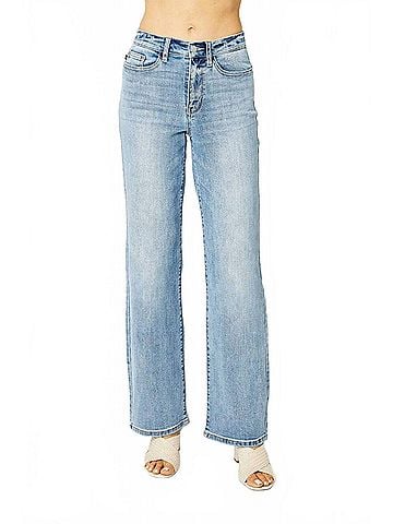 Judy Blue High Waist Straight Leg Jeans in Light Wash (view 2)