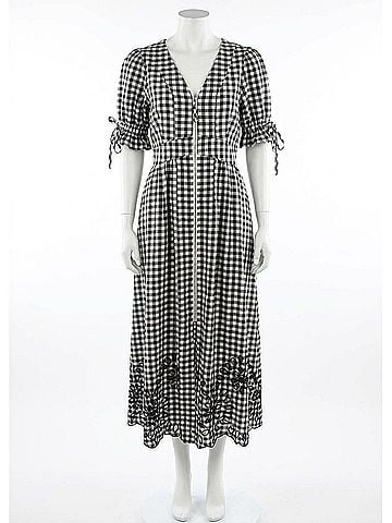 Entro Gingham Puff Sleeve Midi Dress in Black (view 1)