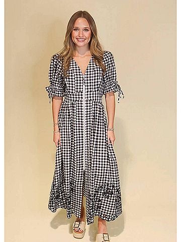 Entro Gingham Puff Sleeve Midi Dress in Black (view 2)