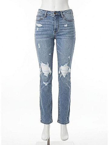 Judy Blue Destroyed High Waist Bootcut Jeans in Stone Wash (view 1)