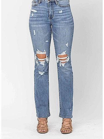 Judy Blue Destroyed High Waist Bootcut Jeans in Stone Wash (view 2)