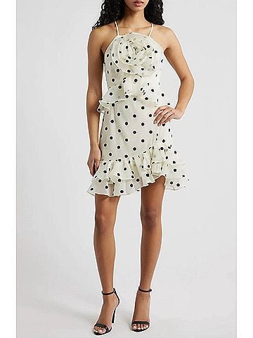 Lucy Paris Remy Polka Dot Rosette Ruffle Minidress in White (view 2)