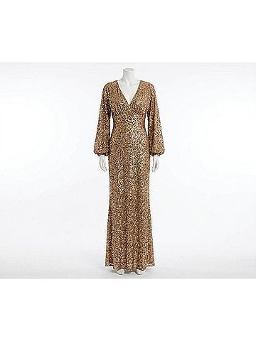 Mac Duggal Sequined Puff Sleeve V Neck Gown in Bronze (view 1)