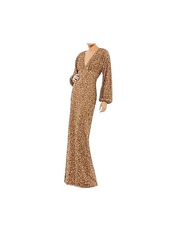Mac Duggal Sequined Puff Sleeve V Neck Gown in Bronze (view 2)