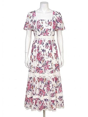 Adelyn Rae Freija Lace Inset Printed Midi Dress in Pink (view 1)