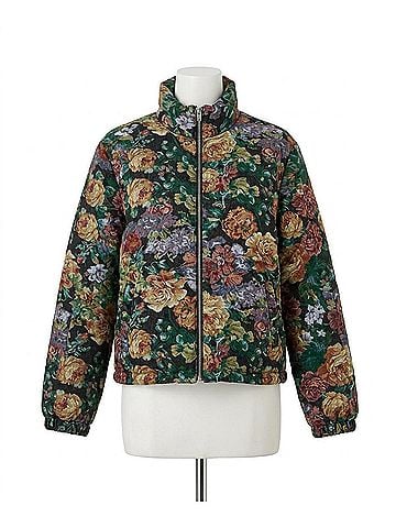 TCEC Corduroy Floral Printed Puffer Jacket in Black (view 1)