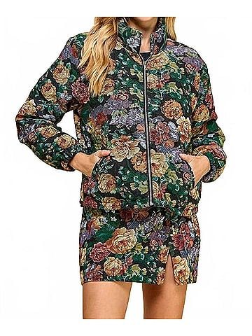 TCEC Corduroy Floral Printed Puffer Jacket in Black (view 2)