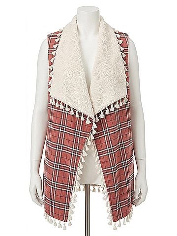 Easel Women's Long Plaid Cotton Fur Vest in Burnt Orange (view 1)