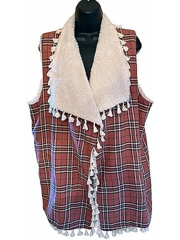 Easel Women's Long Plaid Cotton Fur Vest in Burnt Orange (view 2)
