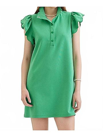 Entro Scallop Flutter Sleeve Dress in Green (view 2)