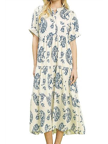 Umgee Tiered Textured Midi Dress in Blue Mix (view 2)