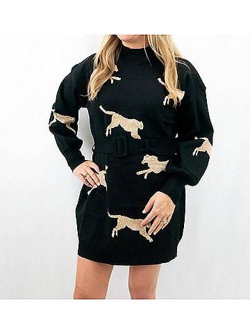 Entro Cheetah Mock Neck Sweater Dress in Black (view 2)