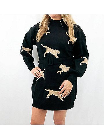Entro Cheetah Mock Neck Sweater Dress in Black (view 2)