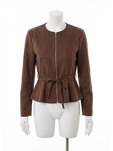 THML Suede Zipper Jacket With Tie Waist in Brown (view 1)